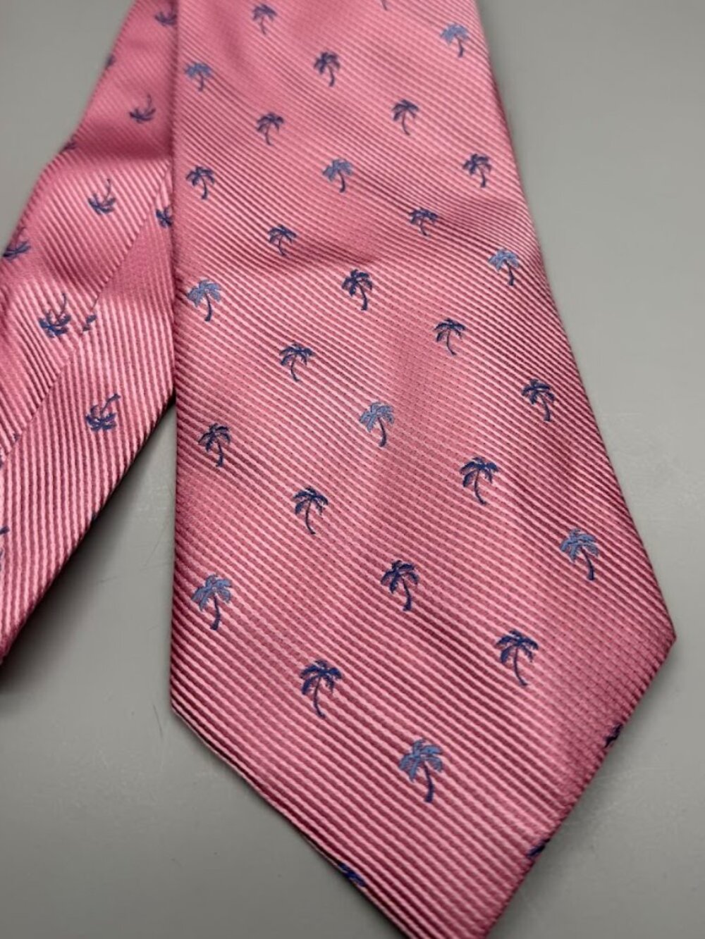 Tango Pink Silk Necktie - Blue Palm Tree Print - Preppy Resort Style- NWT